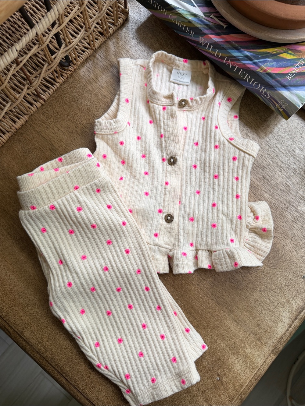 Next Baby Cream Ribbed Two-Piece Set with Hot Pink Dot Detail- Nordstrom